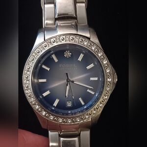 Fossil Silver and Blue Watch with Crystal Bezel